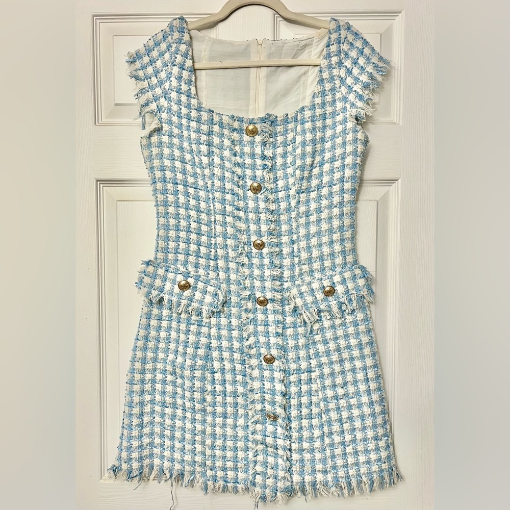 Chic Blue and White Tweed Dress Gold Buttons